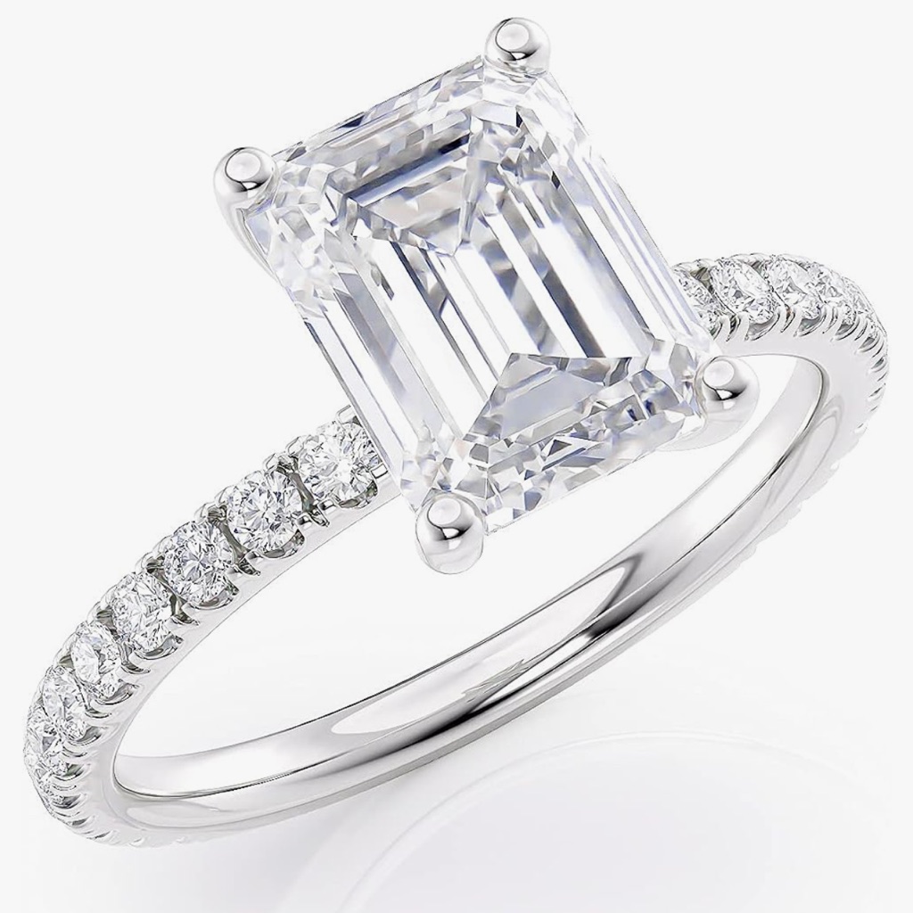 2 Ct Emerald Cut Moissanite Ring With 25 Ct Round Natural Diamond In 14k Gold